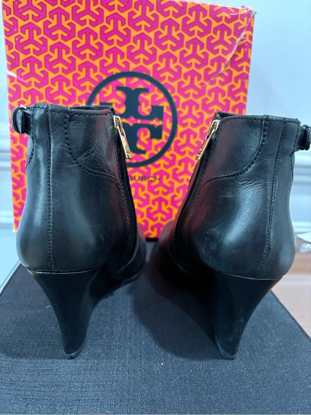 Tory Burch Black Leather Gold-Logo Ankle Booties